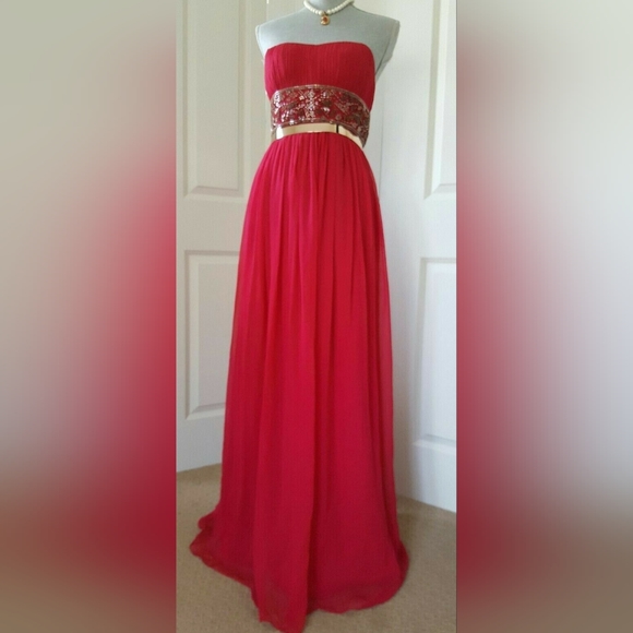 SALE🔖$395 NEW AIDAN MATTOX RUBIN RED SILK GOLD BEAD CHIFFON GOWN RUNWAY 6 M - Picture 2 of 8